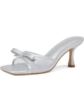 Women's Silver Heeled Sandals Open Square Toe Kitten Heels Slip On Bow Mesh Mule